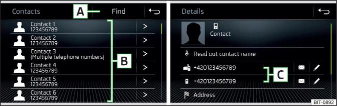 Fig. 203 Elenco dei contatti telefonici / dettagli dei contatti