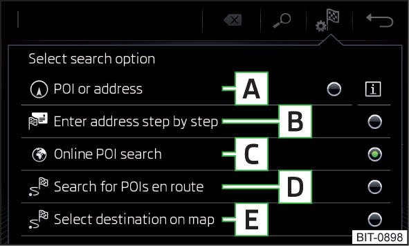 Selezione del tipo di ricerca destinazione/ inserimento destinazione