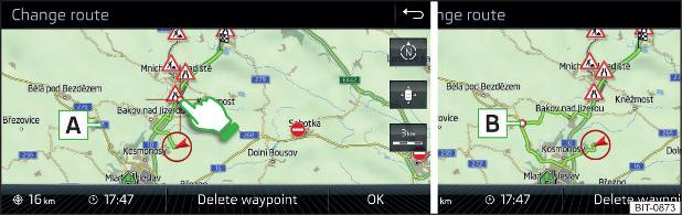 Modifica dell'itinerario sulla cartina / luogo di transito dell'itinerario